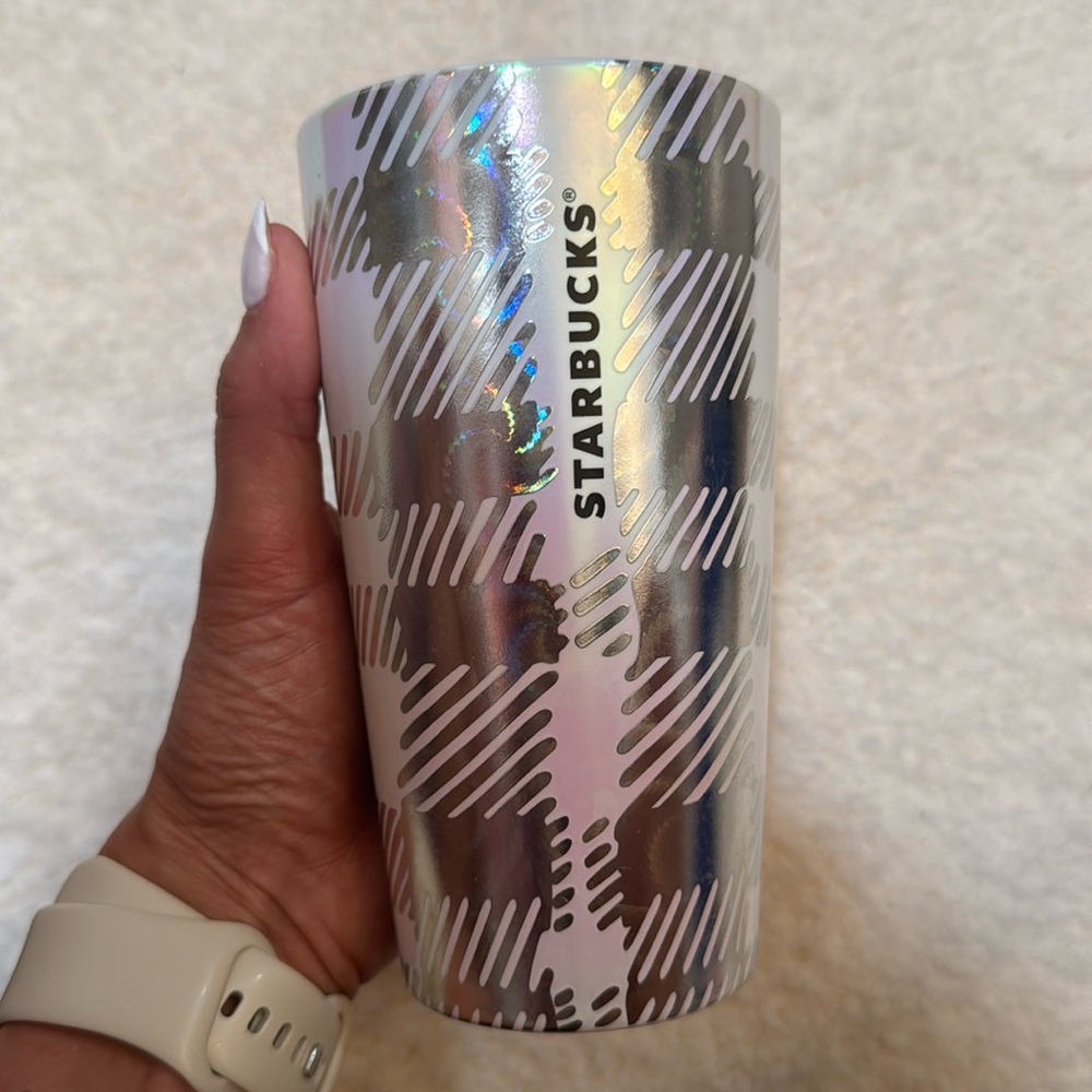 Starbucks Winter 2024 Ceramic Luster Sparkling White & Plaid Silver Tumbler